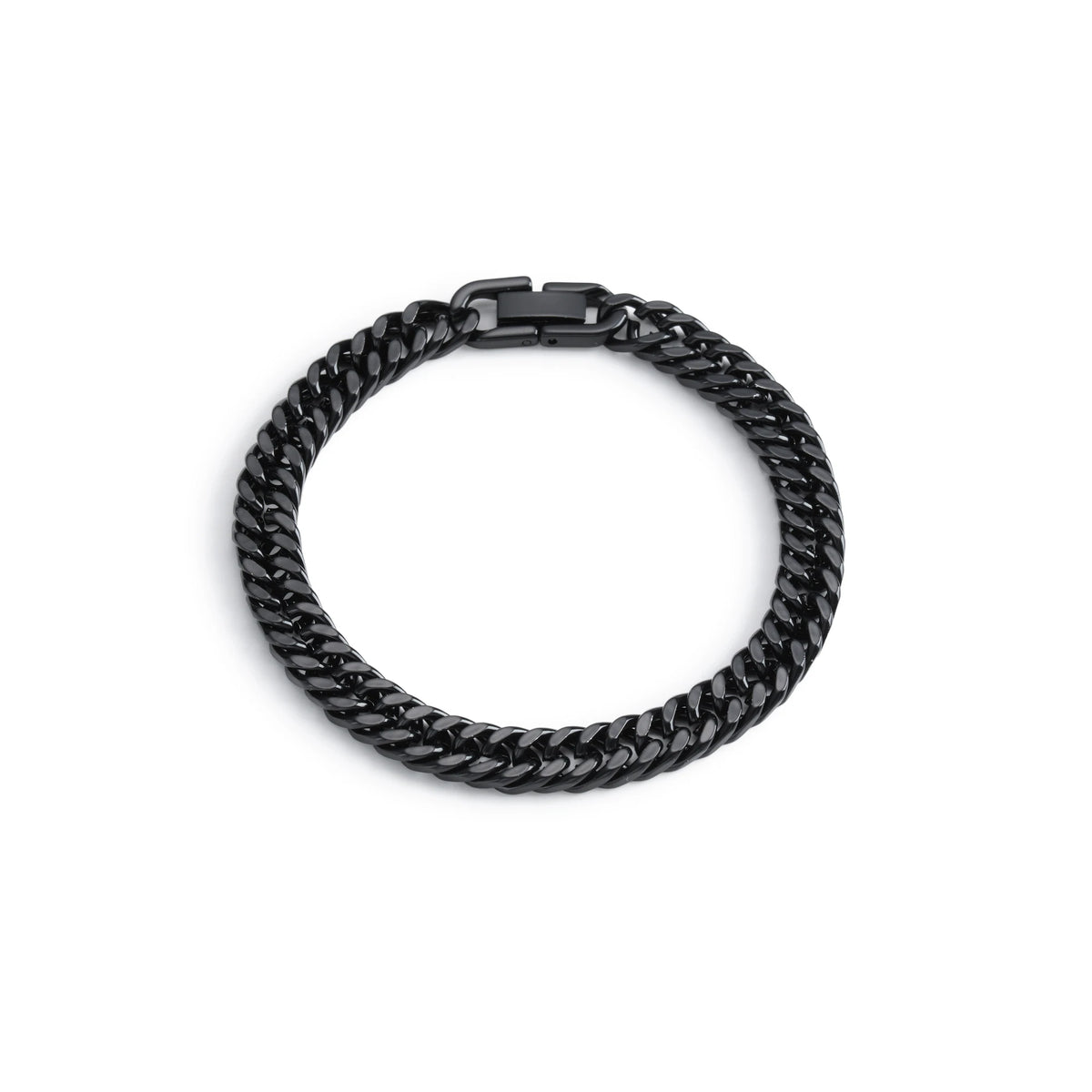 A black stainless steel Cuban link bracelet shown against a white background.
