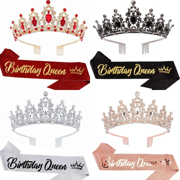 A collection of various rhinestone birthday queen tiara headbands in red, black, silver, and rose gold.