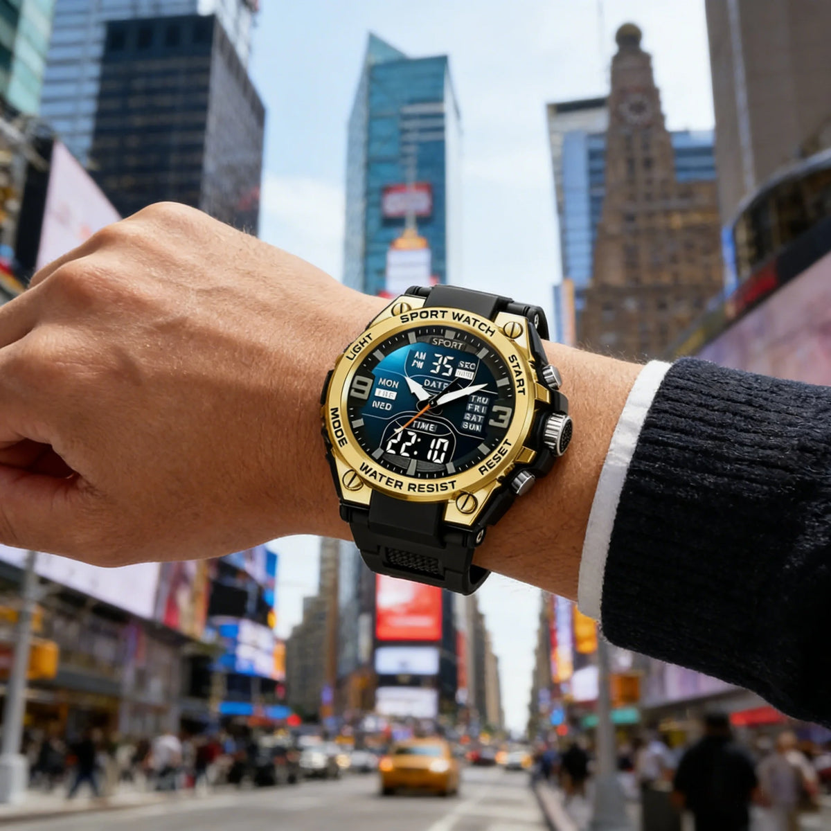 A close-up of a person's wrist wearing a black and gold multi-function digital sports watch with a light blue face.