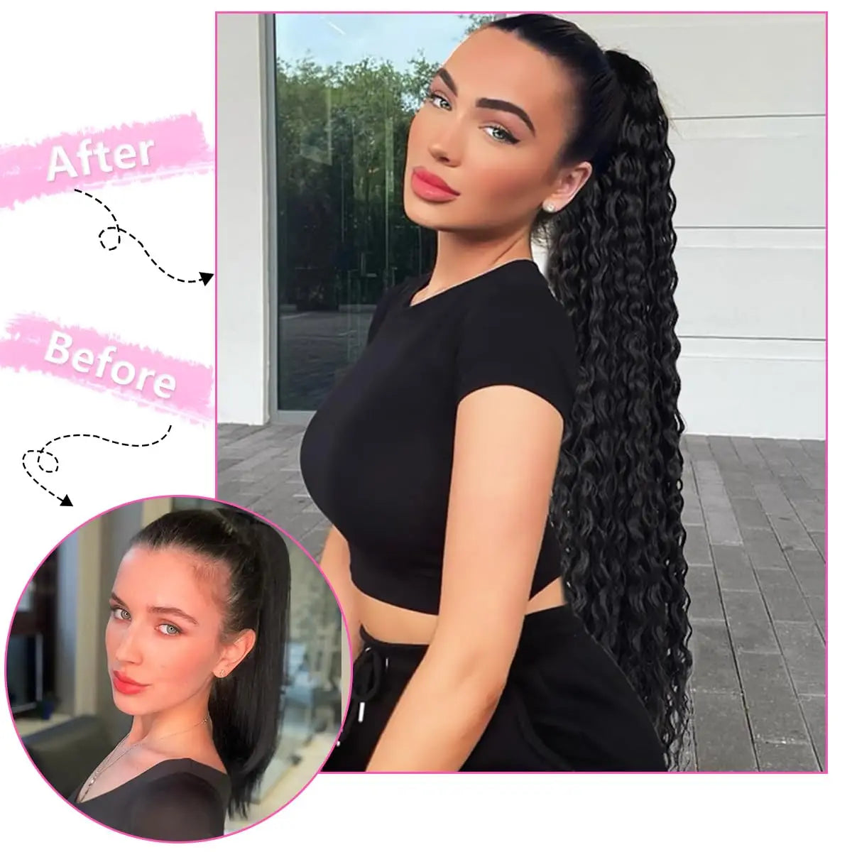 Before and after comparison of a 24-inch long curly wave drawstring ponytail hair extension