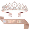 A sparkling rose gold tiara crown with a matching sash for a birthday girl