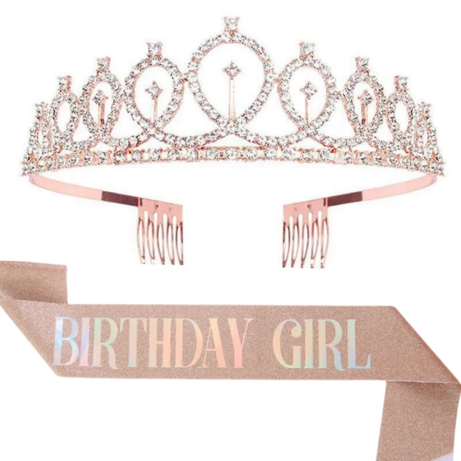 A sparkling rose gold tiara crown with a matching sash for a birthday girl
