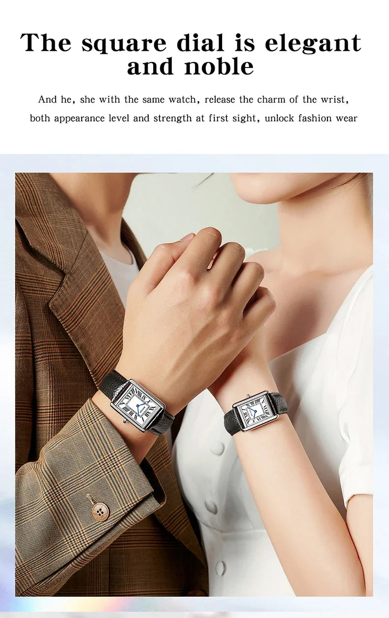 Nahaufnahme einer Person, die eine Armbanduhr mit quadratischem Zifferblatt und Lederarmband trägt.