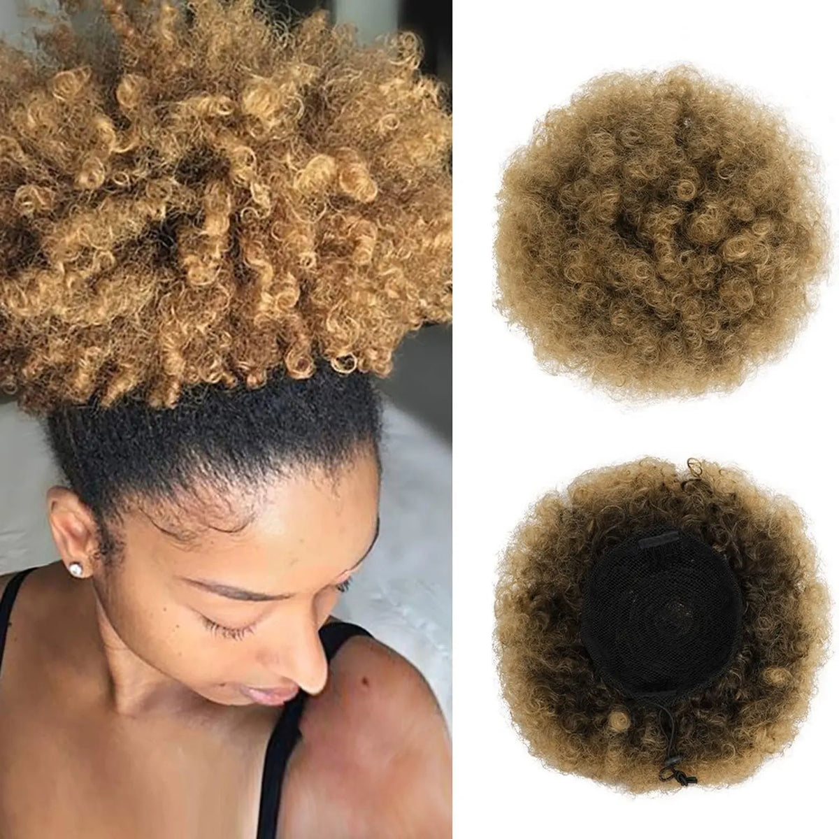 Close-up of a woman with a voluminous, curly brown hair extension styled in a ponytail.