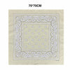 A beige cotton square featuring a delicate white paisley border and a central pattern of light blue oval shapes.