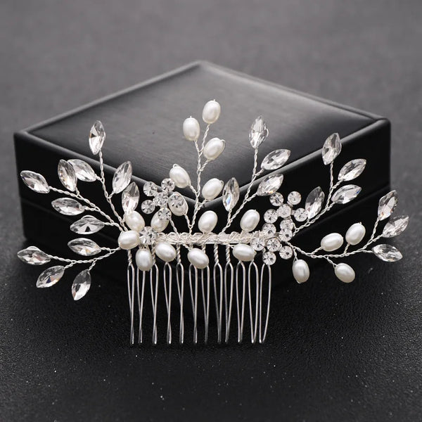 Silver crystal fairy bridal hair comb headpiece with pearls displayed on a black box.
