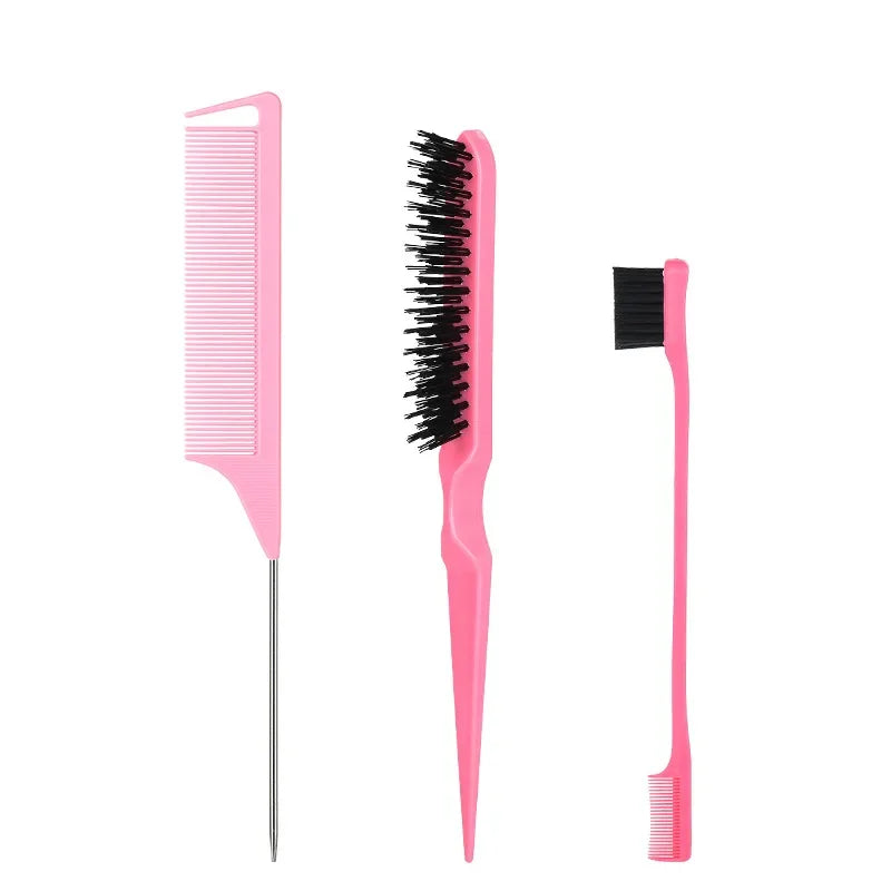 A set of pink hair rollers and styling tools including a wide-toothed comb and a black brush.