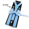 A set of light blue adjustable polyester suspenders and bow ties displayed on a black card.