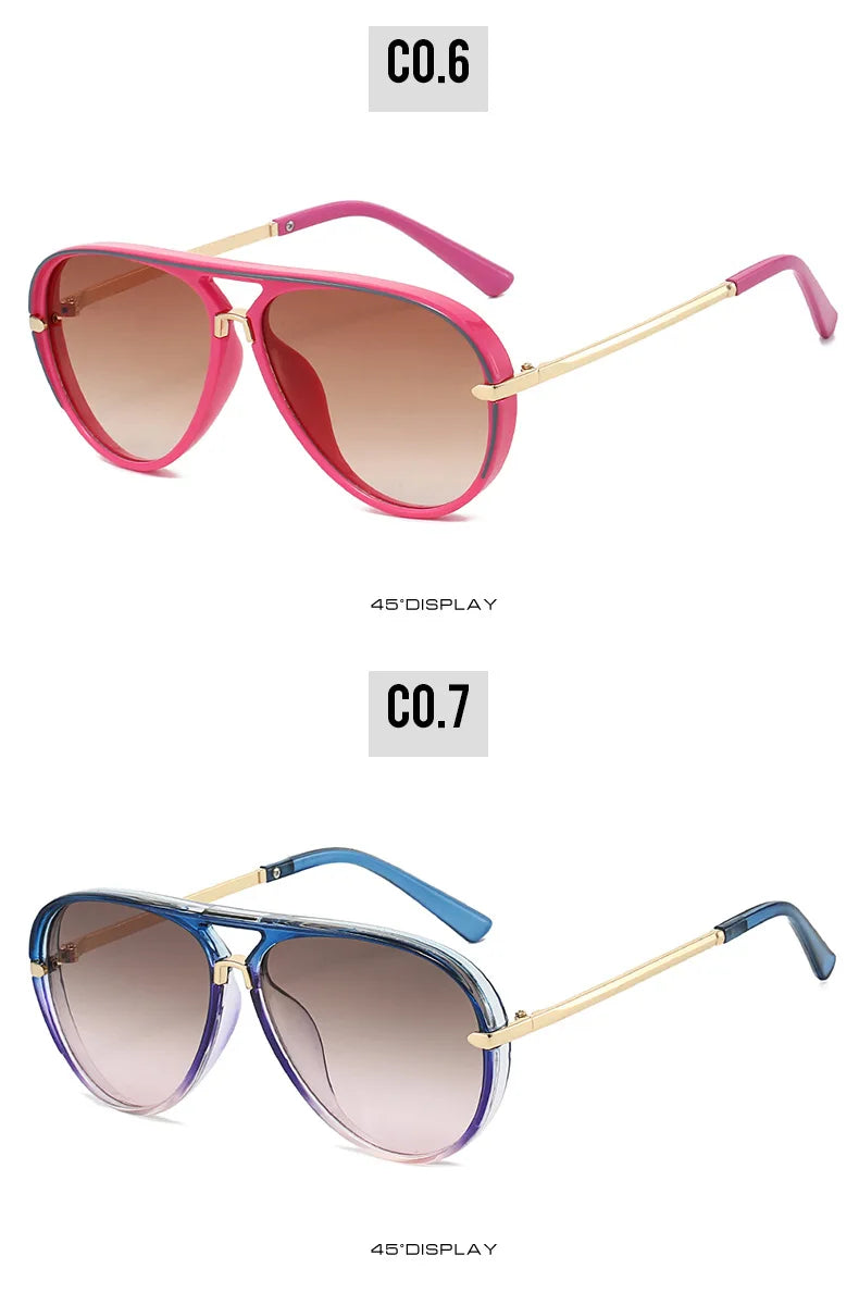 A pair of pink aviator-style sunglasses with gold accents shown in a studio setting.