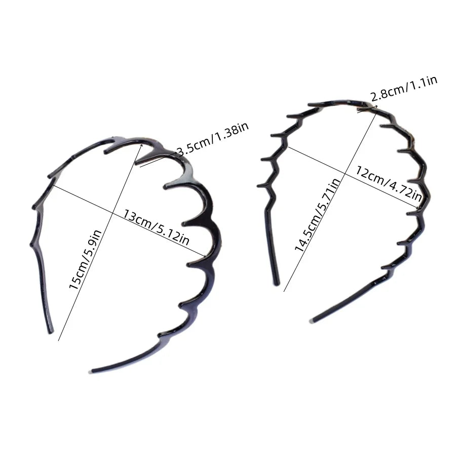 A pair of black textured hair bands shown with various measurements.