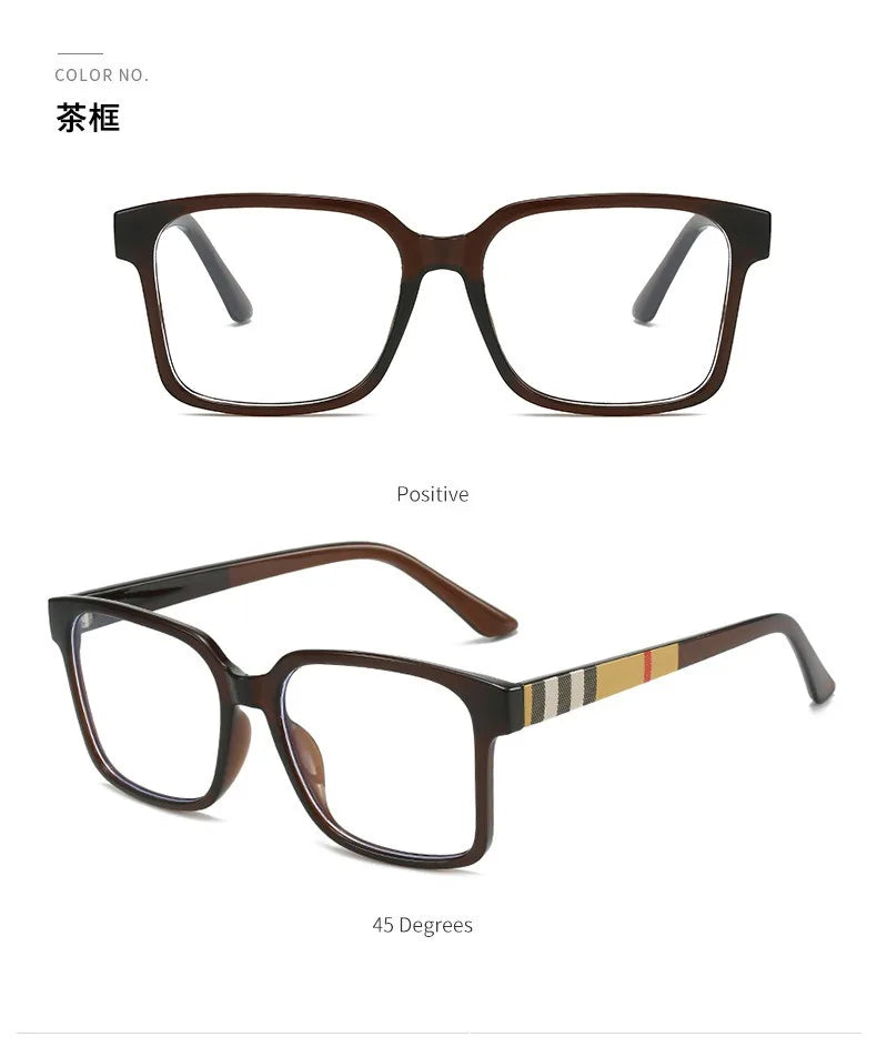 Brown rectangular eyeglasses with dark frames and gold accents shown in a positive view.