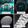 A close-up view of a stainless steel watch featuring a blue luminous dial and a diamond-shaped stainless steel strap.