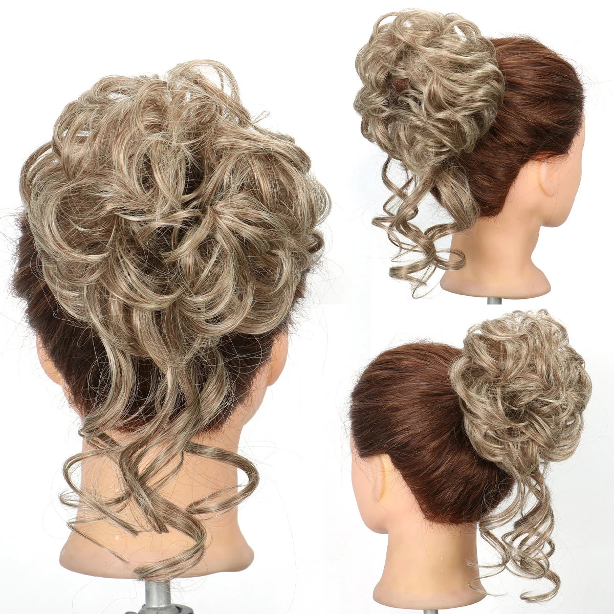 A woman's head showing a messy updo hairstyle with long, wavy brown and blonde hair.