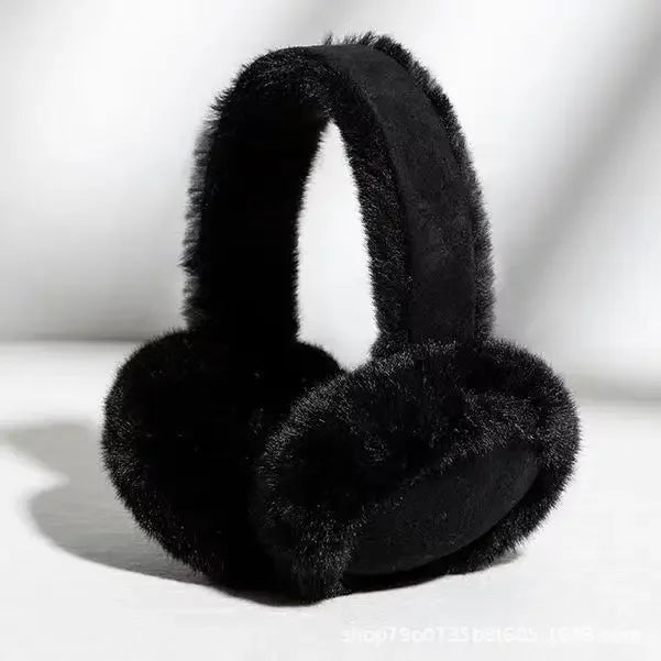 Black classic winter ear muffs with a fluffy texture shown against a white background.