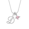 Silver letter D pendant necklace with a pink heart charm