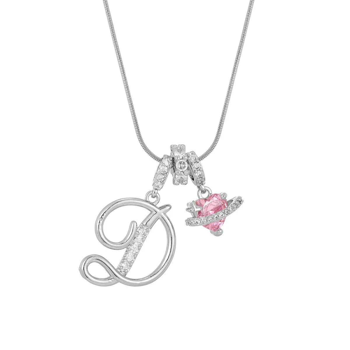 Silver letter D pendant necklace with a pink heart charm