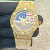 A gold-toned luxury quartz wristwatch featuring a patriotic design with stars and stripes on the dial.