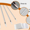 A set of sharp, silver disposable sterile piercing needles packaged individually.