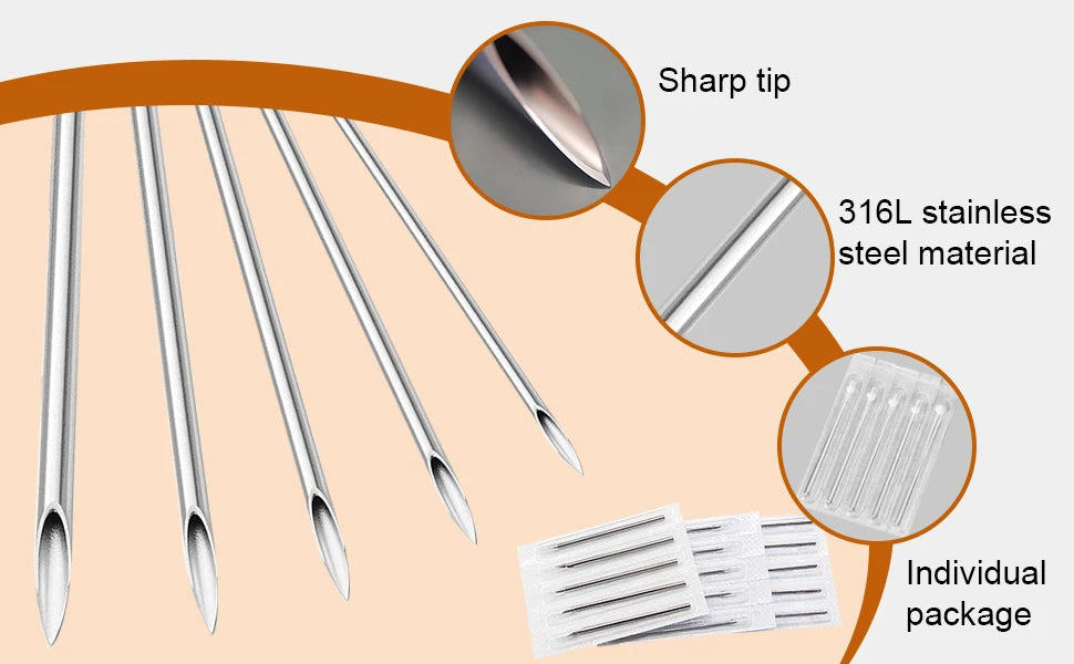 A set of sharp, silver disposable sterile piercing needles packaged individually.