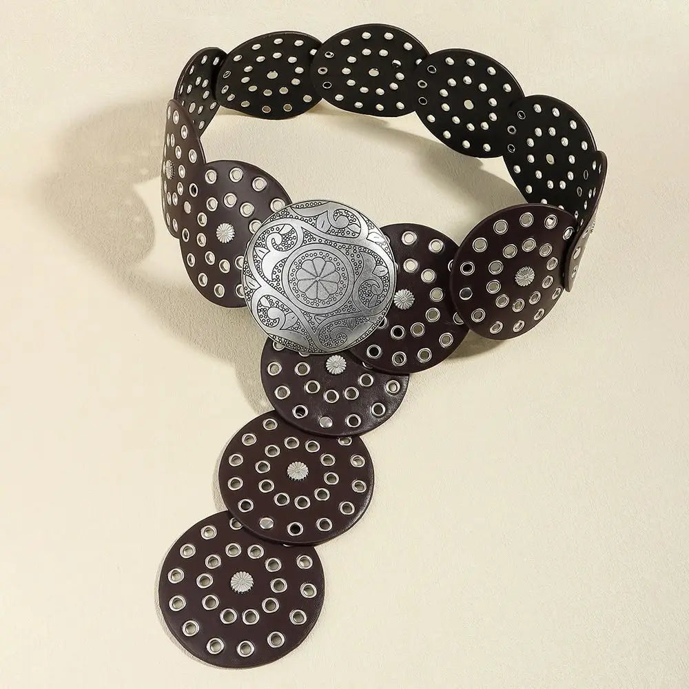 A black vintage PU disc belt with a silver metal buckle, featuring various sizes of perforated discs.