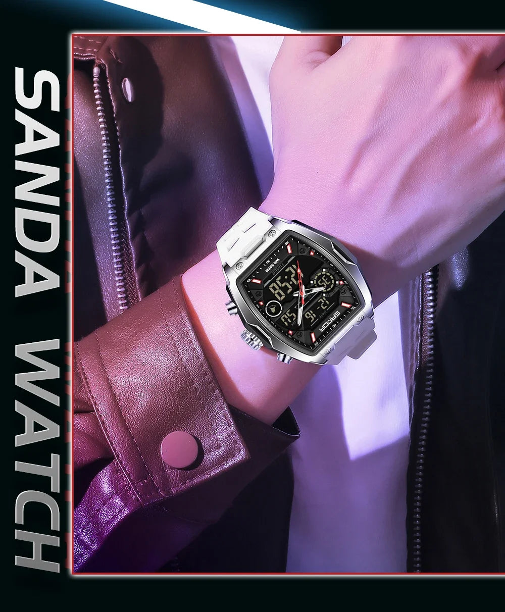 Nahaufnahme einer Herren-Chronographen-Armbanduhr mit doppelter Anzeige, silbernem Gehäuse und dunklem Zifferblatt.