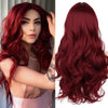 A close-up of a long, wavy red wine colored synthetic wig displayed from the front and back.
