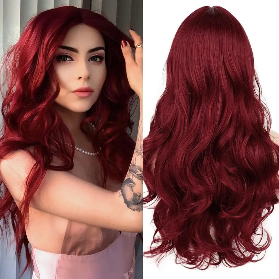 A close-up of a long, wavy red wine colored synthetic wig displayed from the front and back.