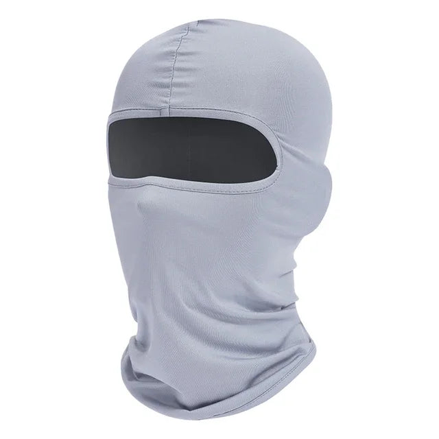 A light gray all-in-one outdoor balaclava with a cutout for the face.