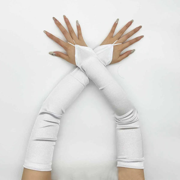 A pair of white satin fingerless gloves are displayed, crossed in an 'X' shape.
