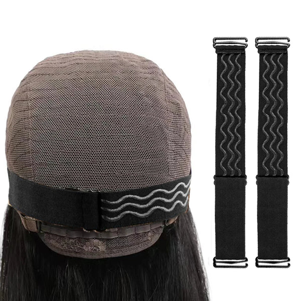 A dark gray wig cap with black adjustable holding bands shown on a person's head.