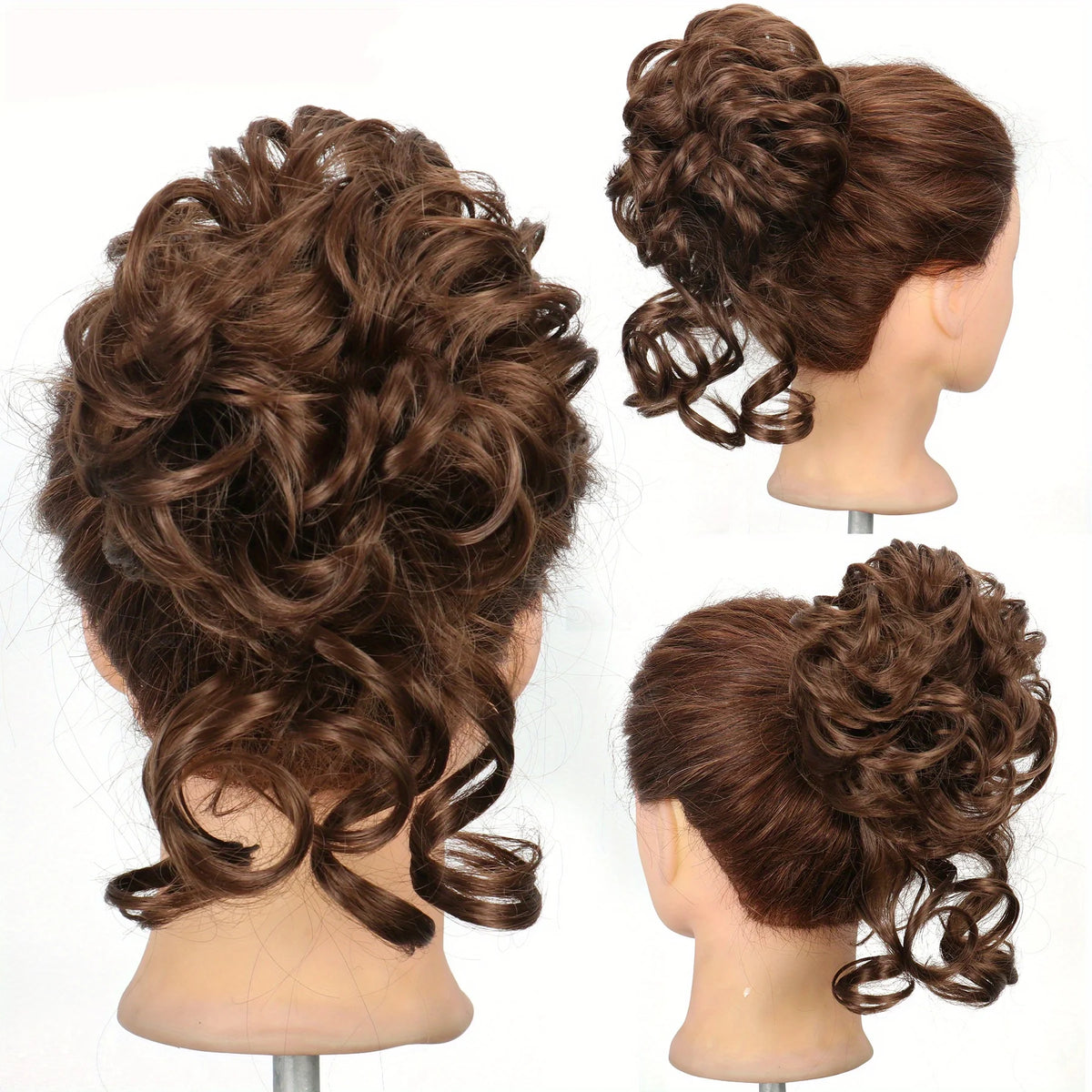 A display of synthetic brown messy hair buns and scrunchies on a mannequin head.