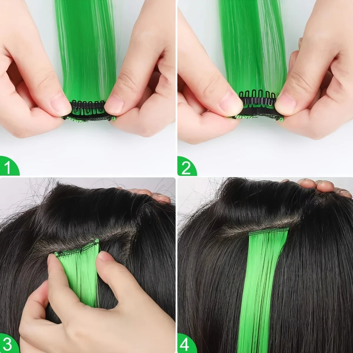 Demonstration of applying a 24 inch colored hair extensions set to hair.