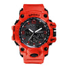 Montre sportive numérique orange homme, cadran noir et bracelet rouge.