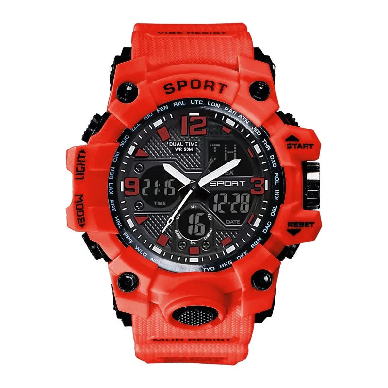 Montre sportive numérique orange homme, cadran noir et bracelet rouge.