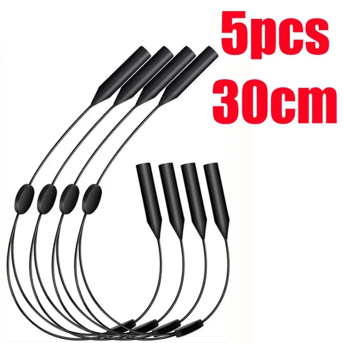Five black adjustable anti-slip eyeglass retainer straps, 30cm long.