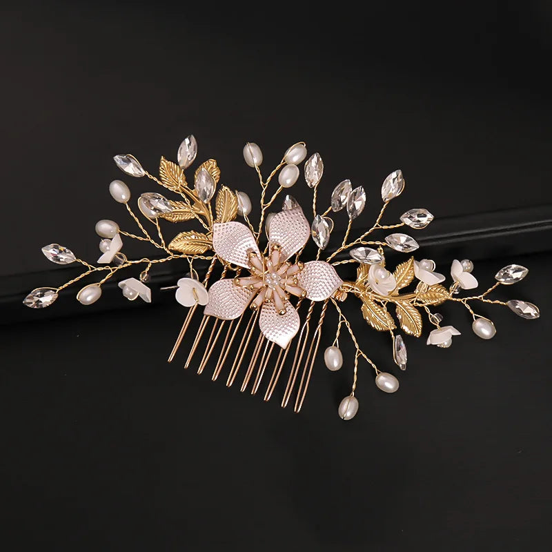 Golden leaf shaped pearl flower hairpin comb with gold leaves and small pearls