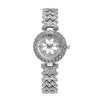 Silver rhinestone quartz watch and bracelet set featuring intricate diamond-cut detailing