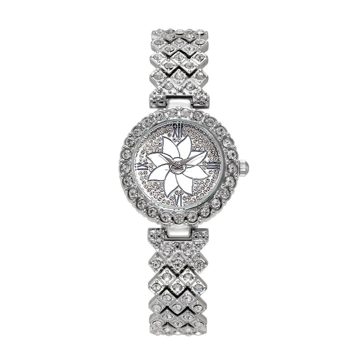 Silver rhinestone quartz watch and bracelet set featuring intricate diamond-cut detailing