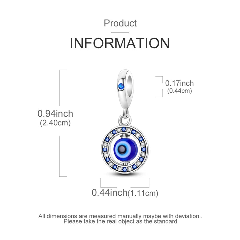 Sterling silver devil's eye charm bracelet featuring a round blue gemstone design