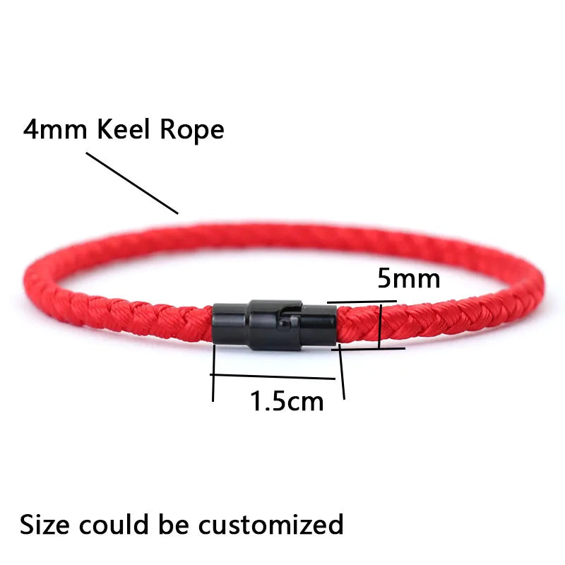 A red 4mm keel rope bracelet with a black clasp and a 1.5cm section shown against a white background.