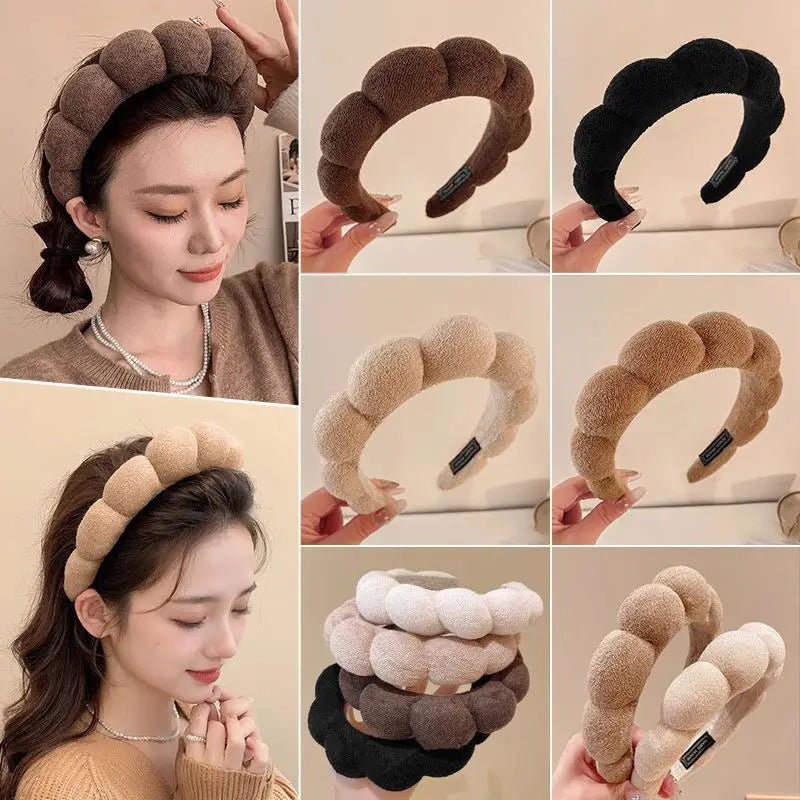 Various shades of cloud sponge hair accessories headbands shown on a model and in close-up shots.