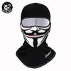 Black full face balaclava helmet liner with a white and black stylized mustache design