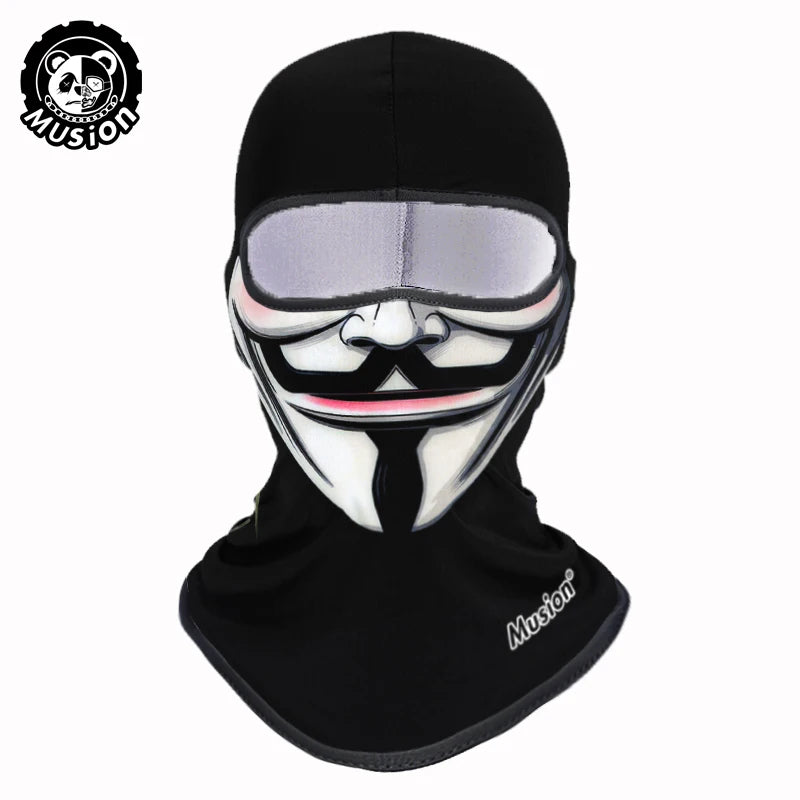 Black full face balaclava helmet liner with a white and black stylized mustache design