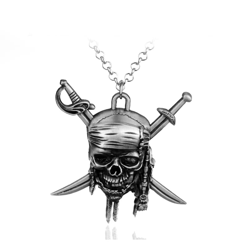 Silver skull pendant necklace with a chain and crossed swords.