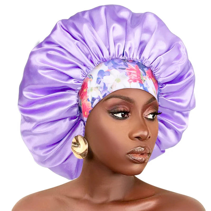 A model wears a purple satin sleep bonnet with an elastic band and a floral patterned headband.