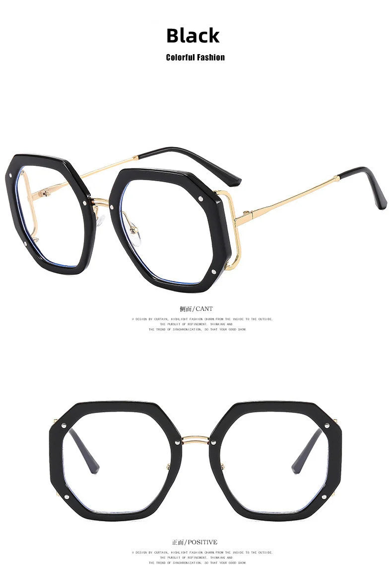 Black anti-blue light eyeglasses frame with gold accents shown in a studio shot.
