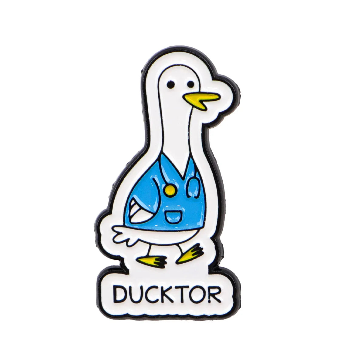 A white goose enamel pin with a blue collar and yellow beak, featuring the word DUKTOR.