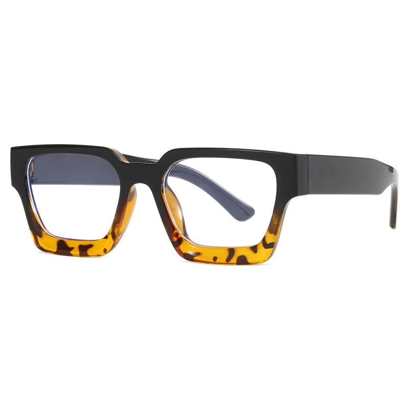 Montura de gafas cuadrada vintage con acetato negro y lentes de tortuga ámbar