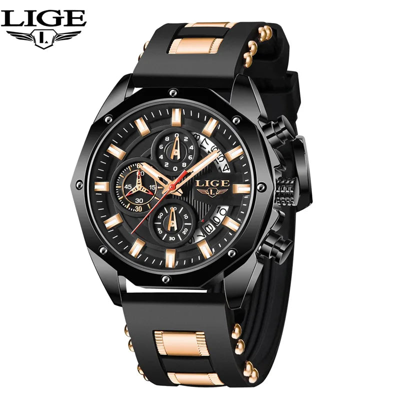 A black men's luxury quartz sport watch with a chronograph feature and gold accents.