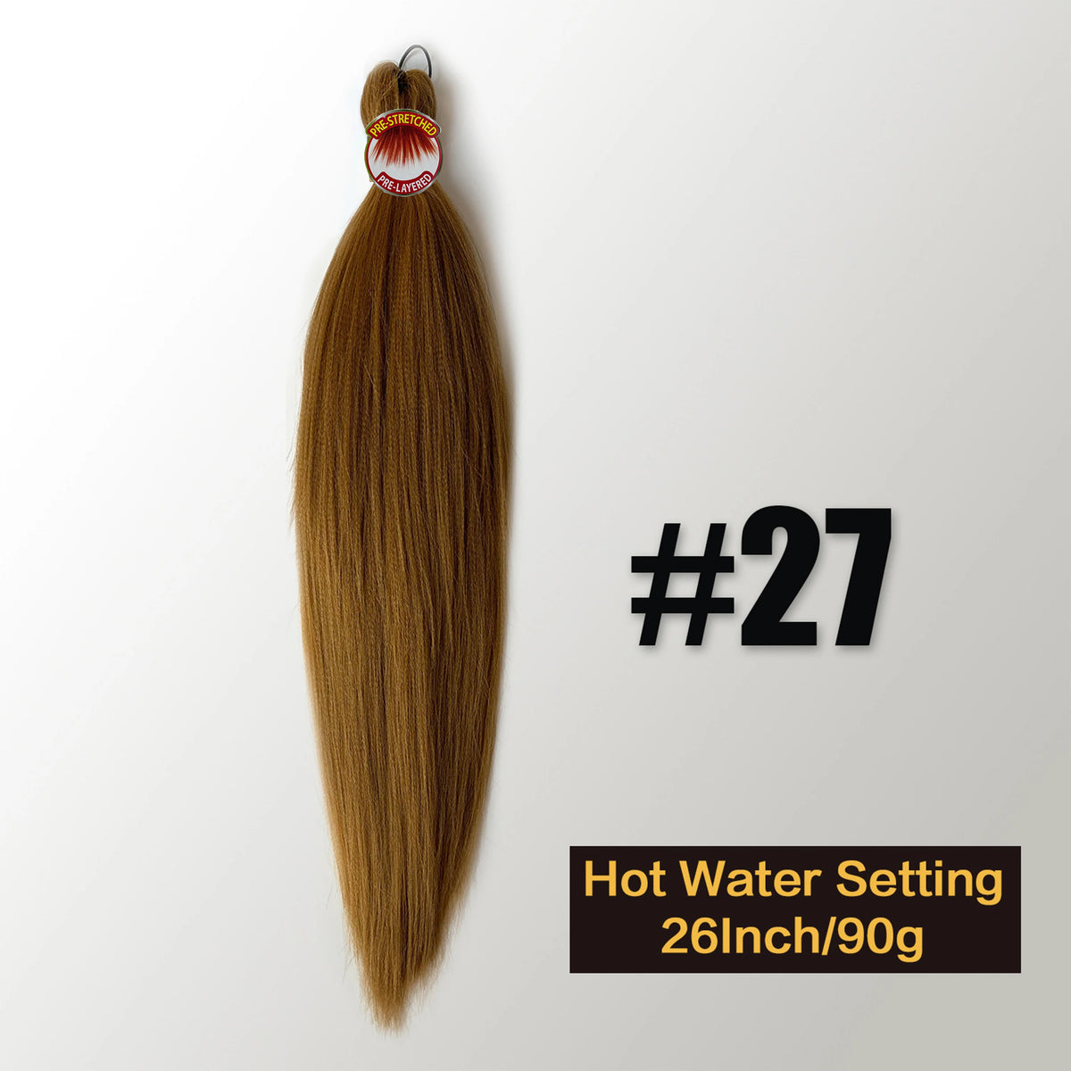 A bundle of golden brown pre-stretched Kanekalon braiding hair extensions labeled #27, sold in a 26 inch length and 90 grams.